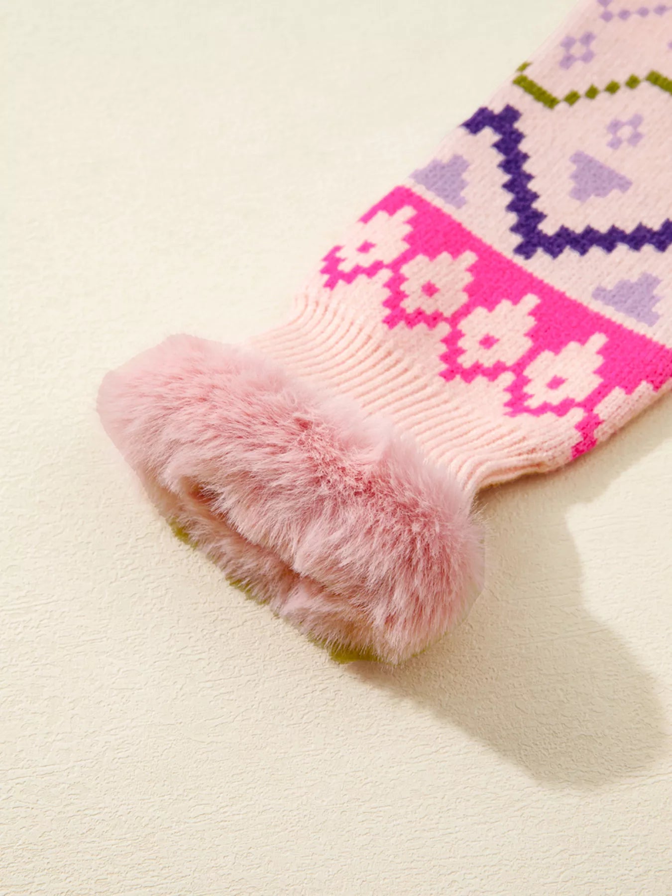 Multicolour Ethnic Christmas Pattern Knit Feather Cuffed Sweater 