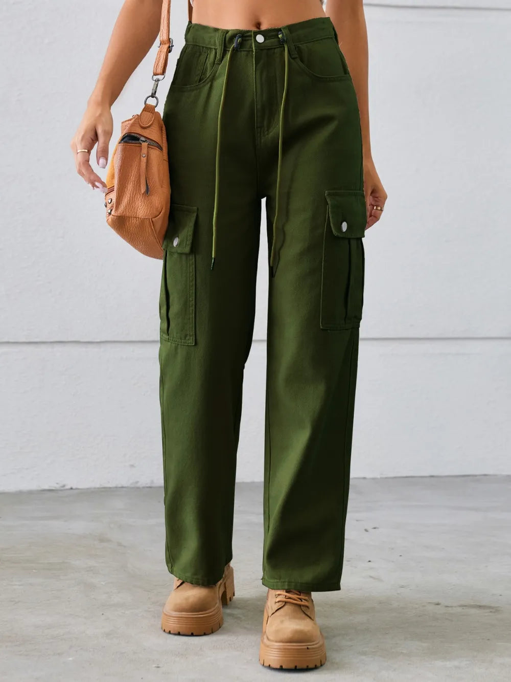 Drawstring Mid-Rise Waist Straight Cargo Jeans 