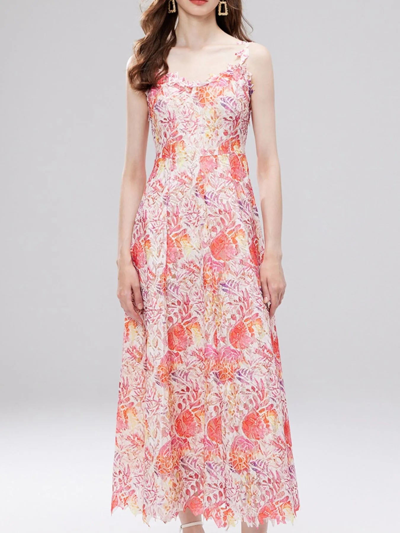 Floral Lace Sleeveless V-Neck Midi Dress 