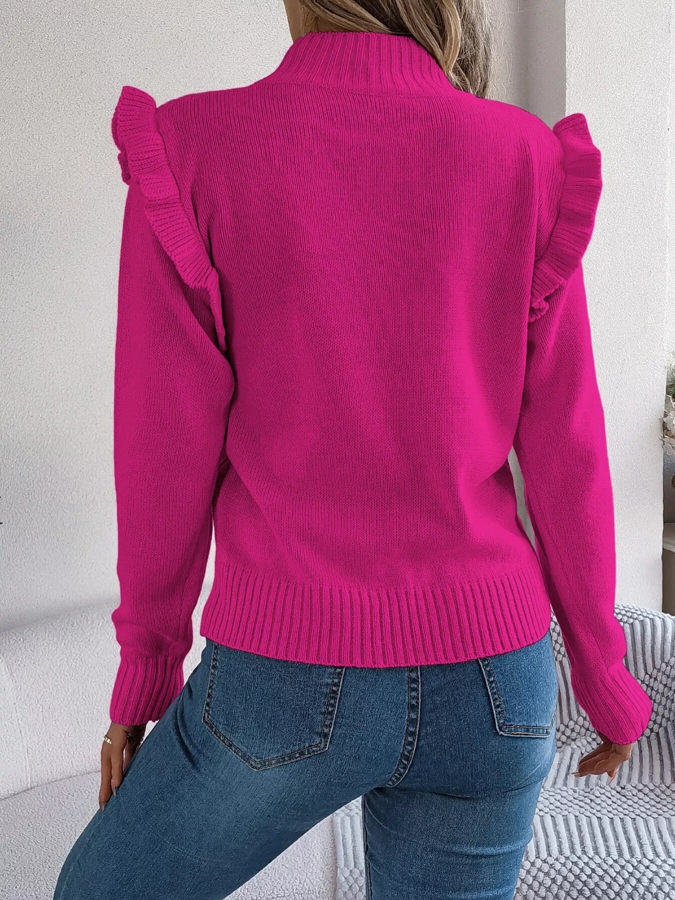 Mock Neck Ruffle Trim Long Sleeve Sweater 