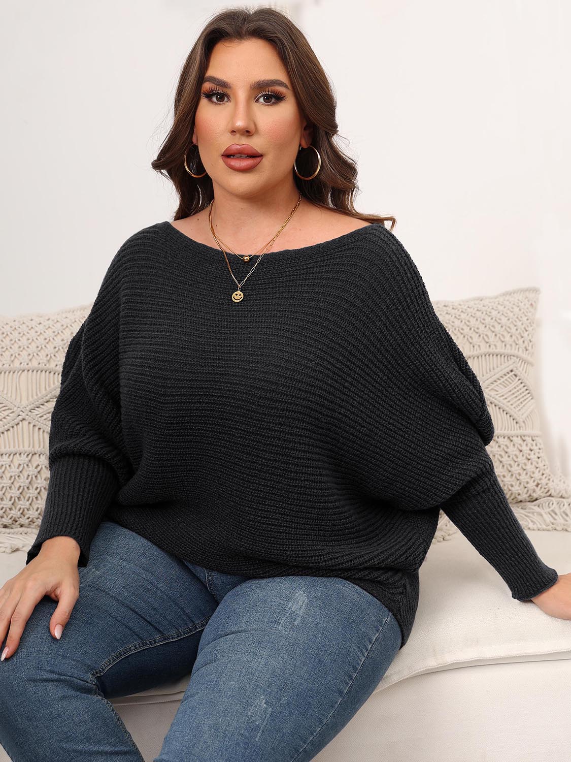 Full Size Boat Neck Batwing Sleeve Sweater 