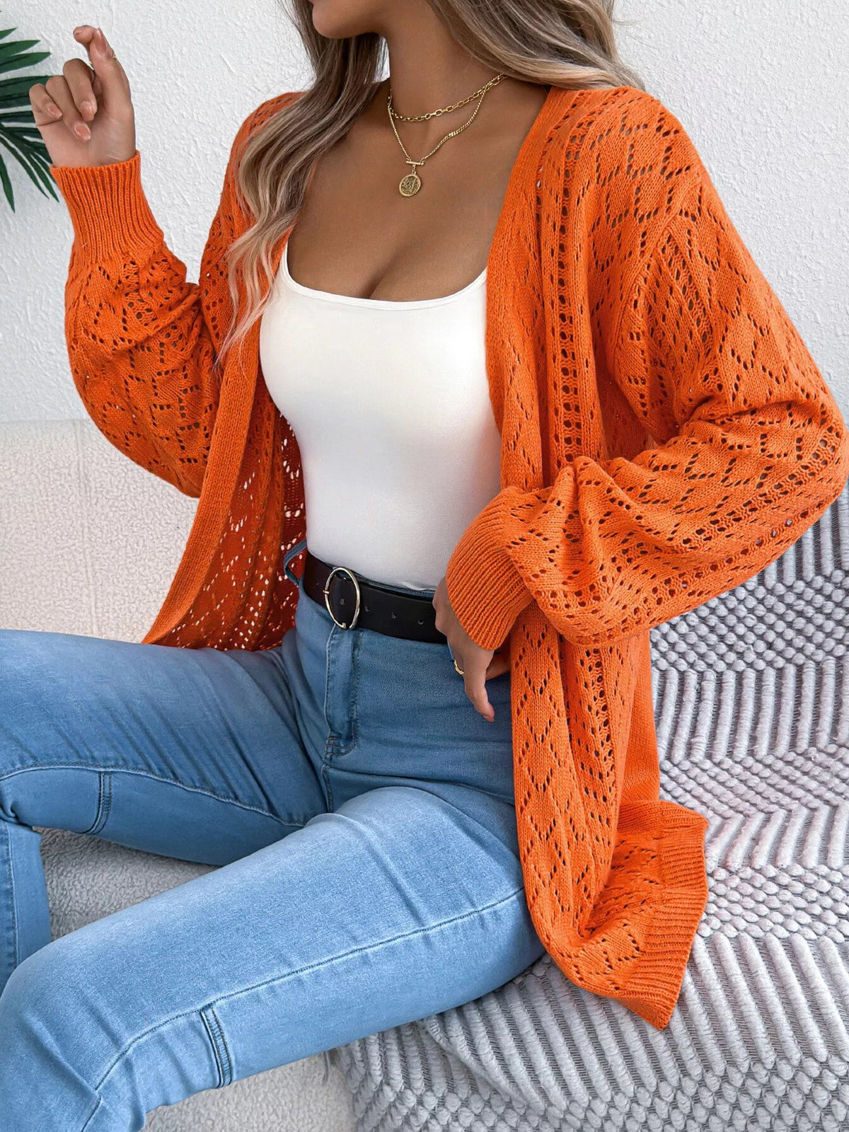 Openwork Open-Front Long Sleeve Cardigan 