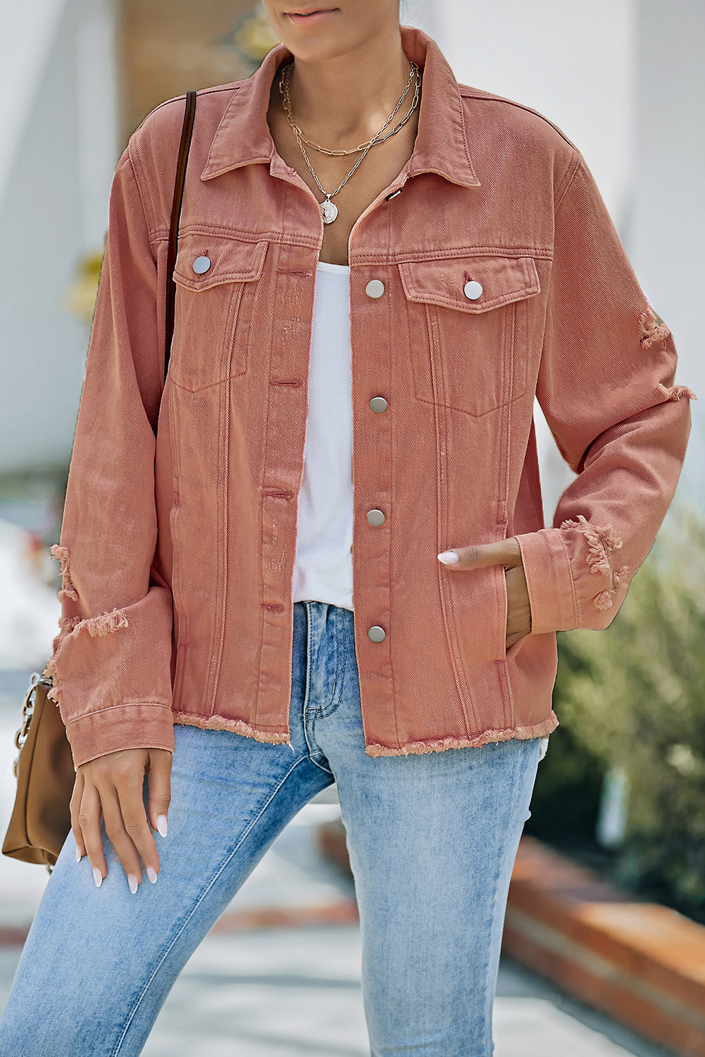 Distressed Raw Hem Denim Jacket 