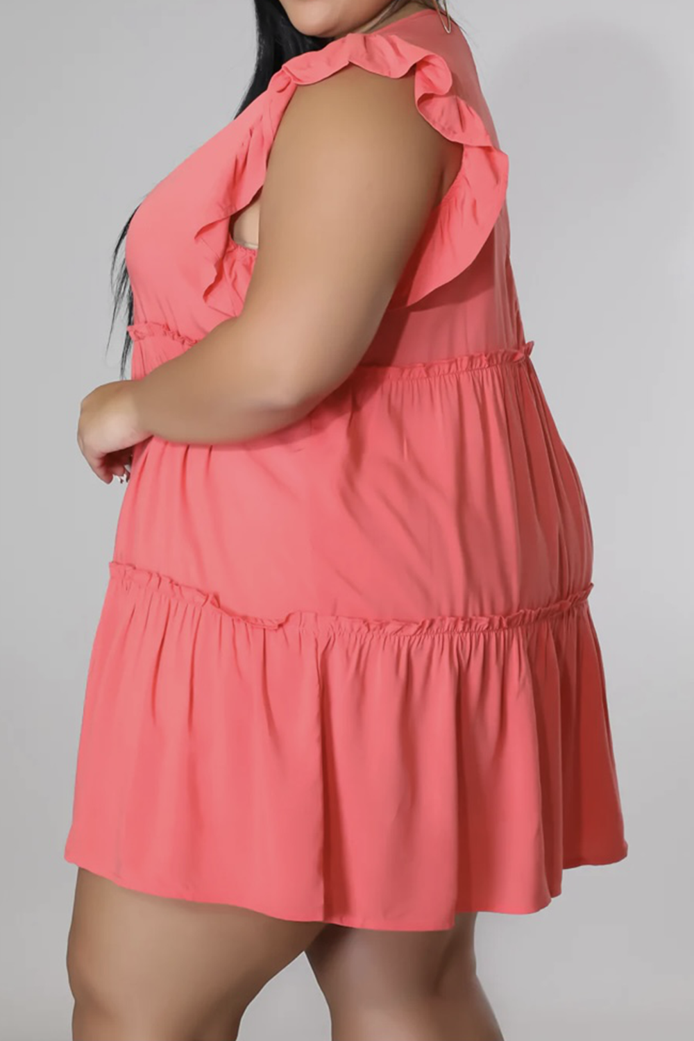 Plus Size V-Neck Frill Trim Mini Dress 