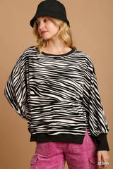 Umgee Zebra Striped Fleece Pullover Sweater Shirt 