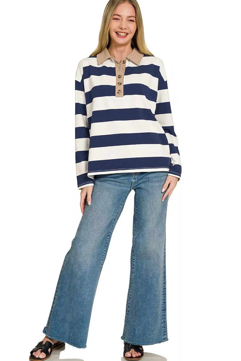 Zenana Striped Contrast Collar Polo Tee 