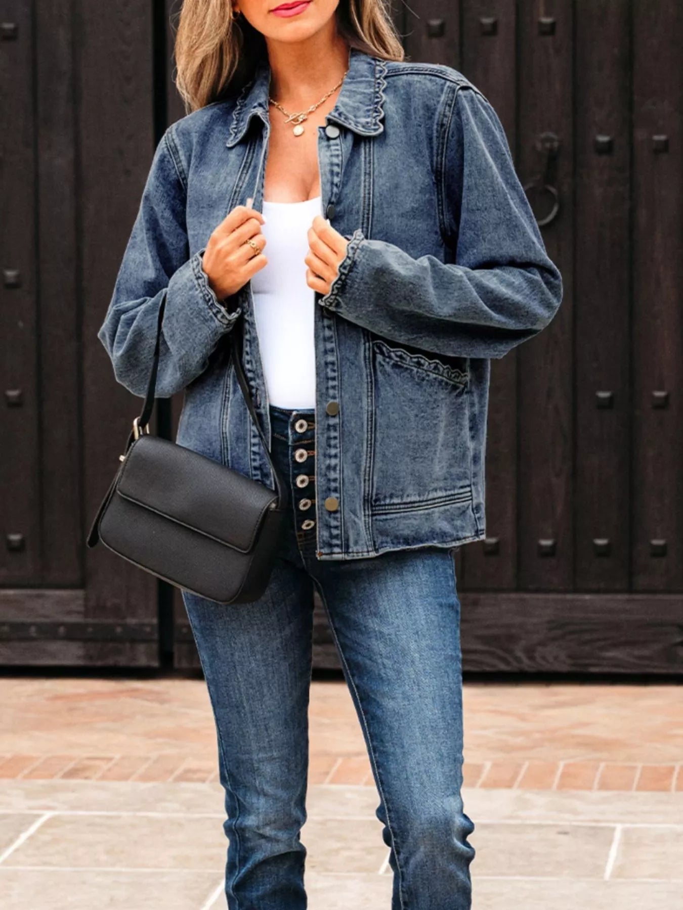 Scallop Trim Collar Patched Pocket Button Up Denim Jacket 