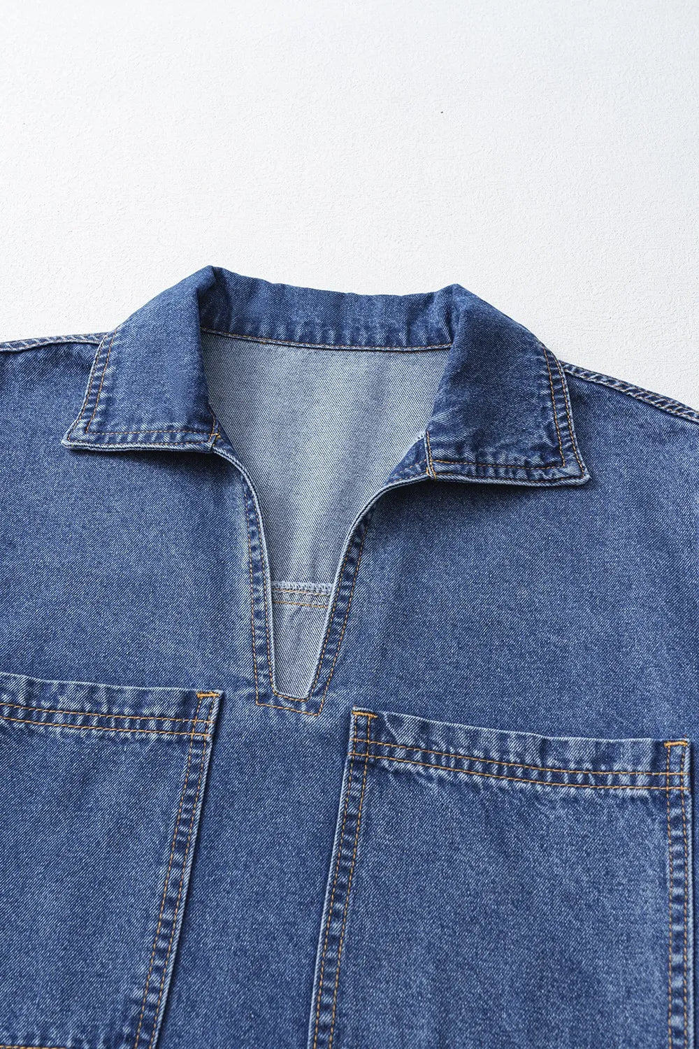 Short Sleeve Collared Patched Pocket Denim Mini Dress 