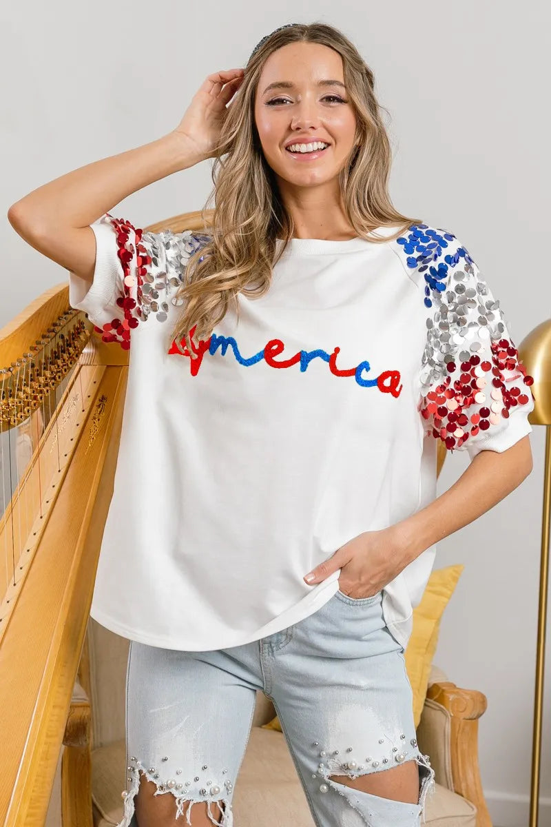 BiBi America Letter Applique Spangle Puff Sleeves Top 