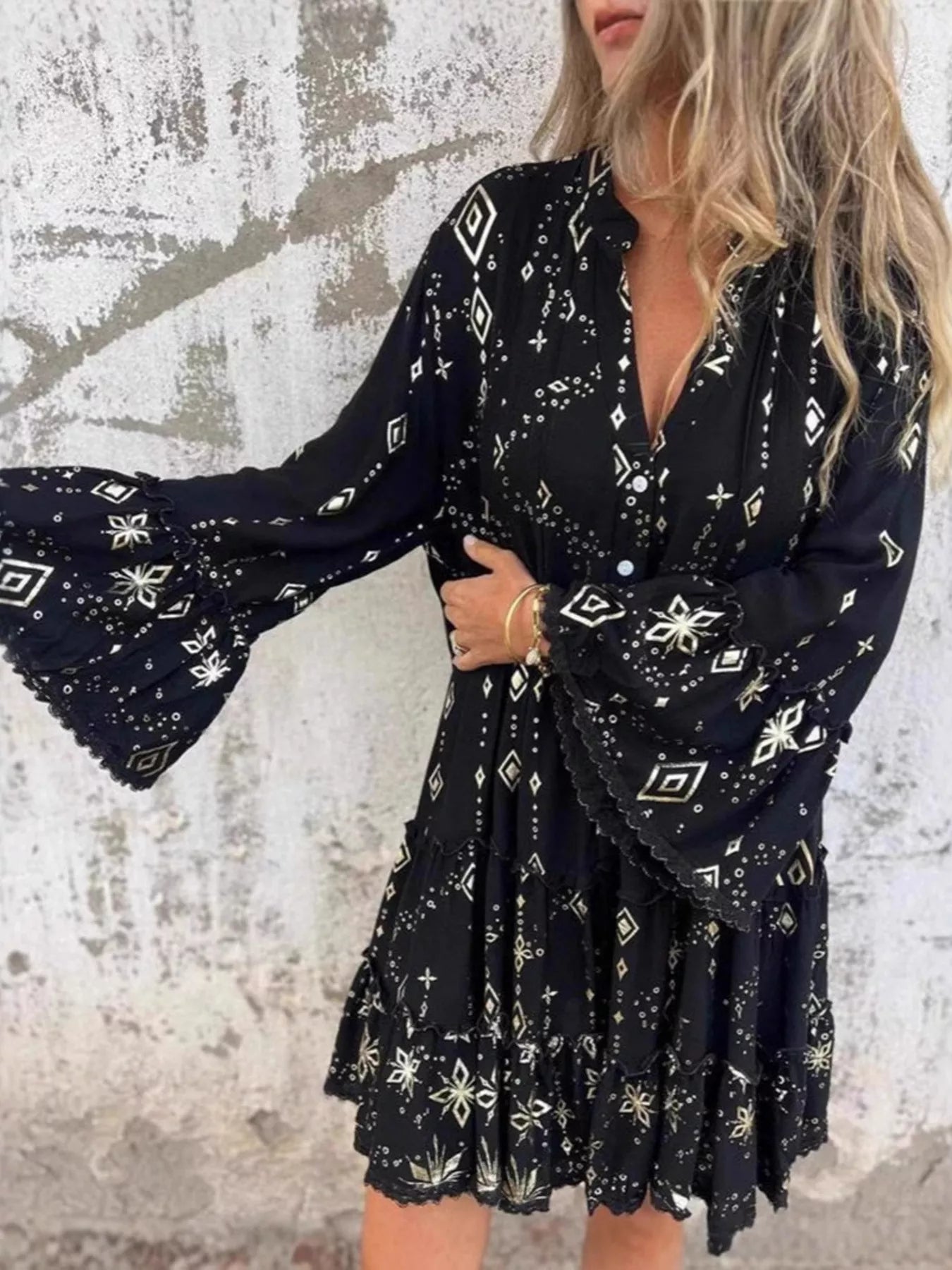 Full Size Printed Notched Flare Sleeve Dress Plus Size 