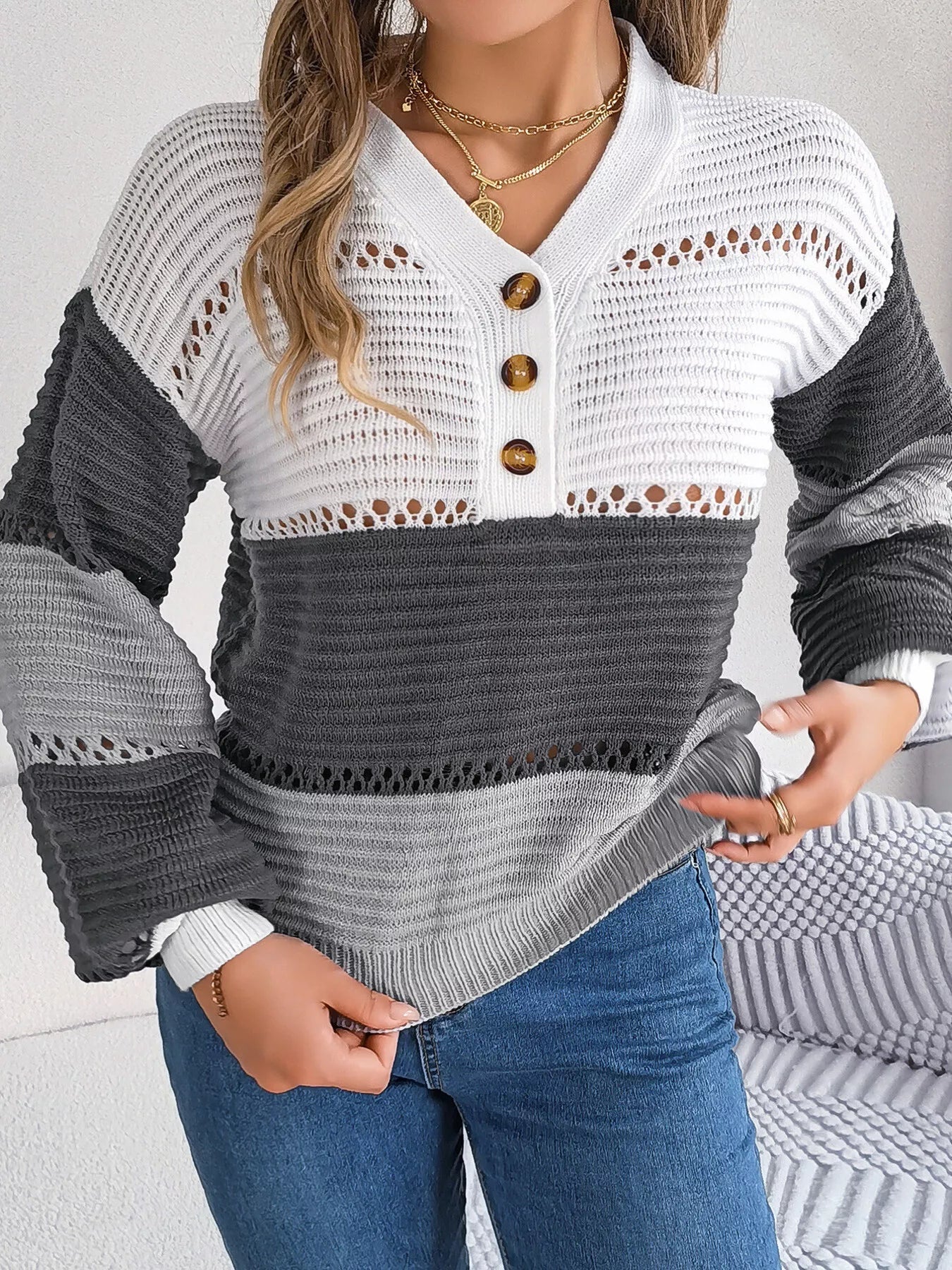 Color Block Striped V-Neck Button Detail Sweater 