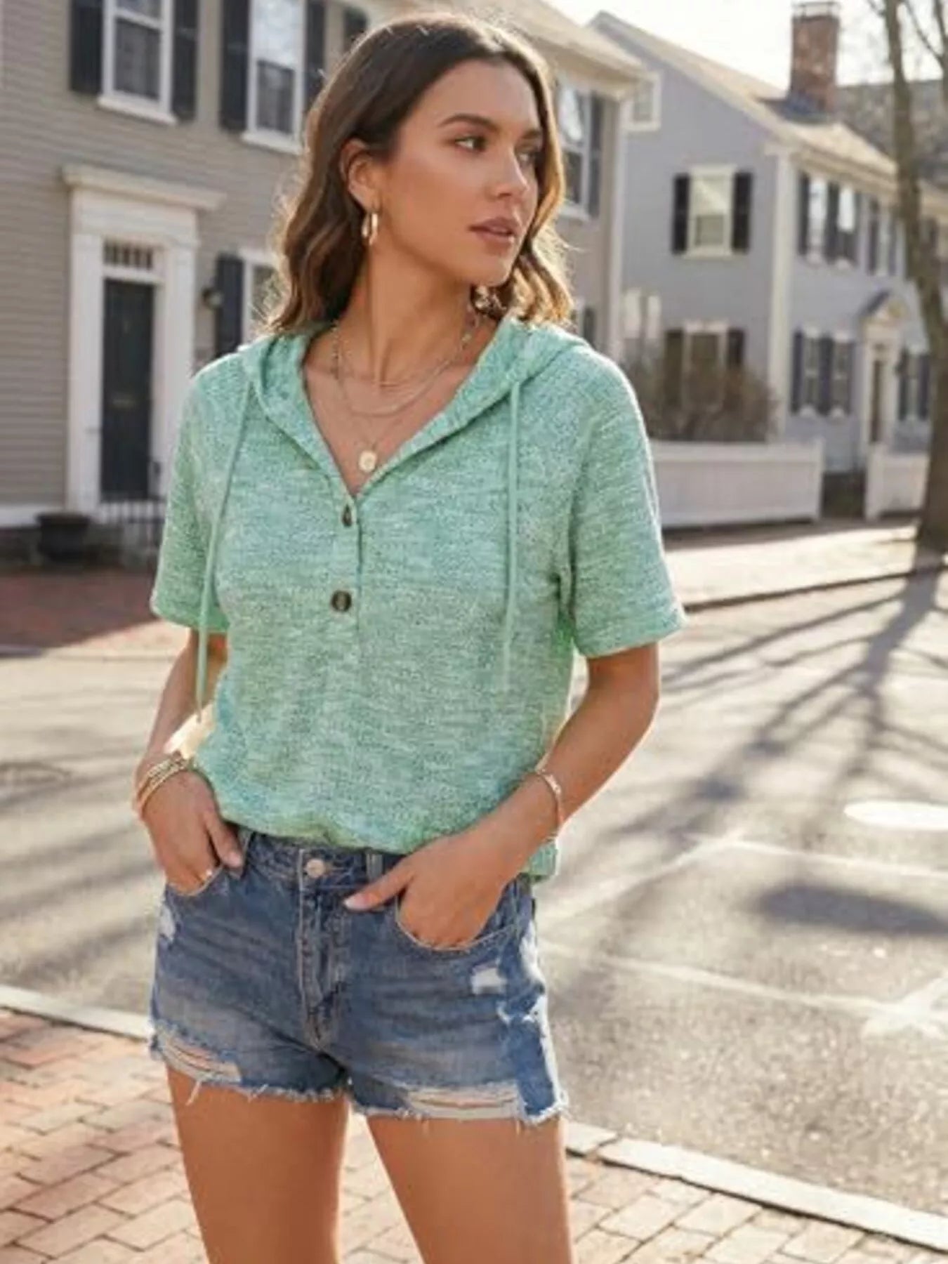 Drawstring Short Sleeve Hooded Top 
