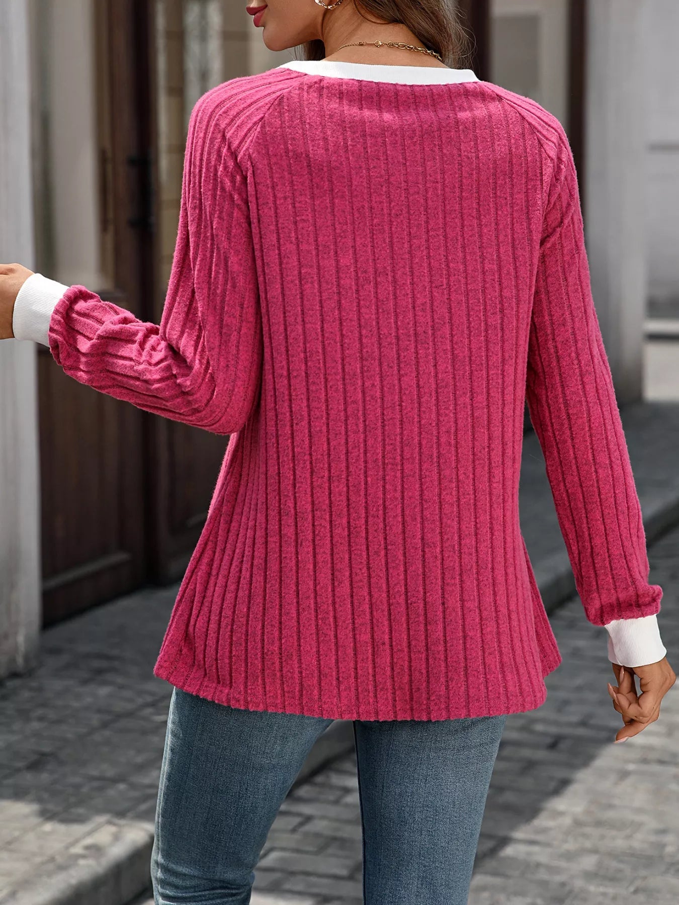 Ribbed Round Neck Raglan Sleeve Knit Top 