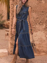 Button Front Sleeveless Denim Dress 