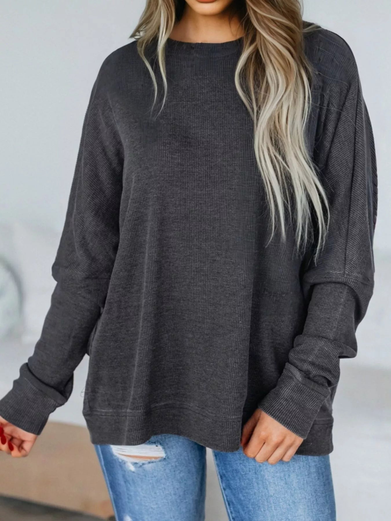 Waffle Knit Patchwork Long Sleeve Loose Sweatshirt 