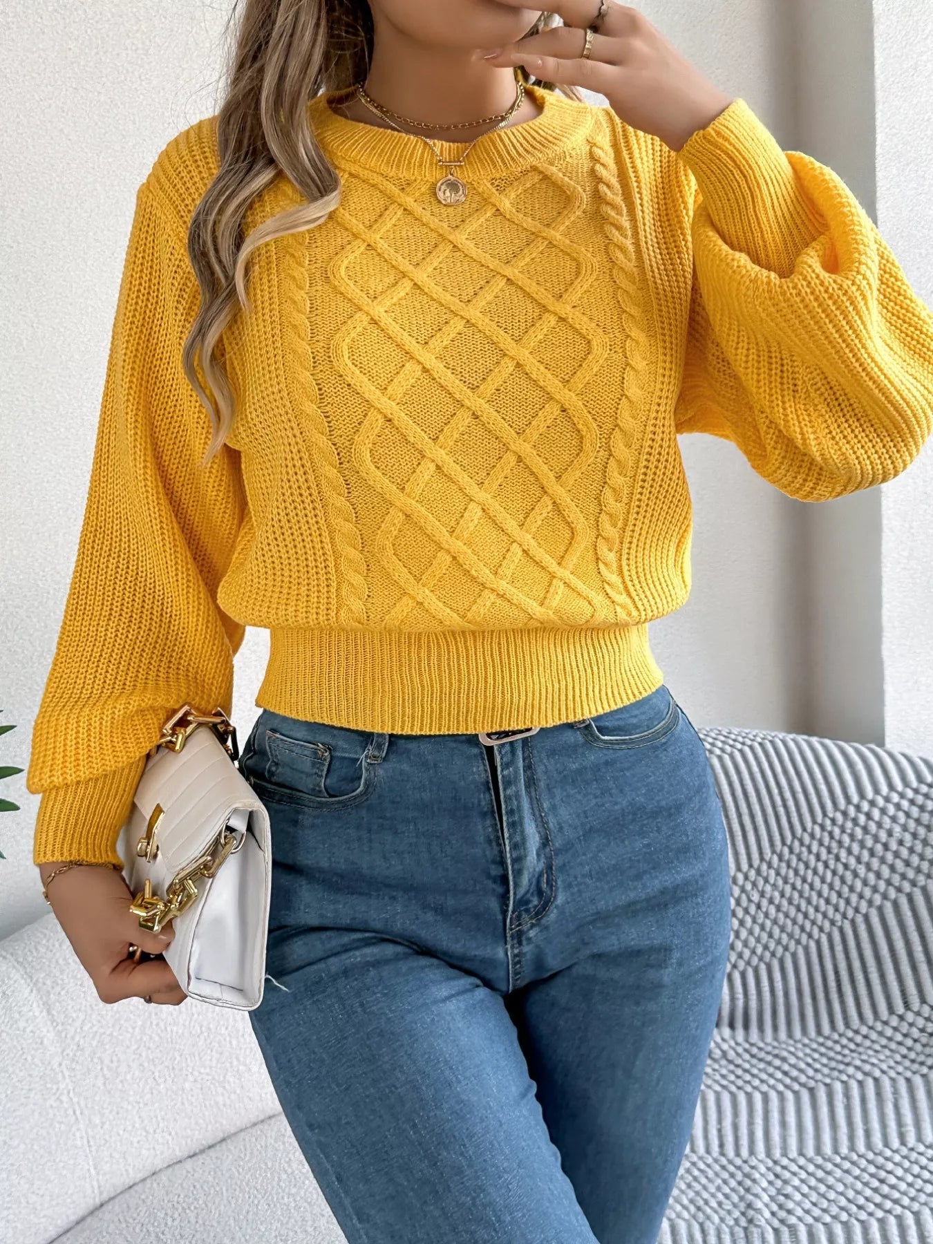 Cable Knit Diamond Pattern Long Sleeve Sweater 