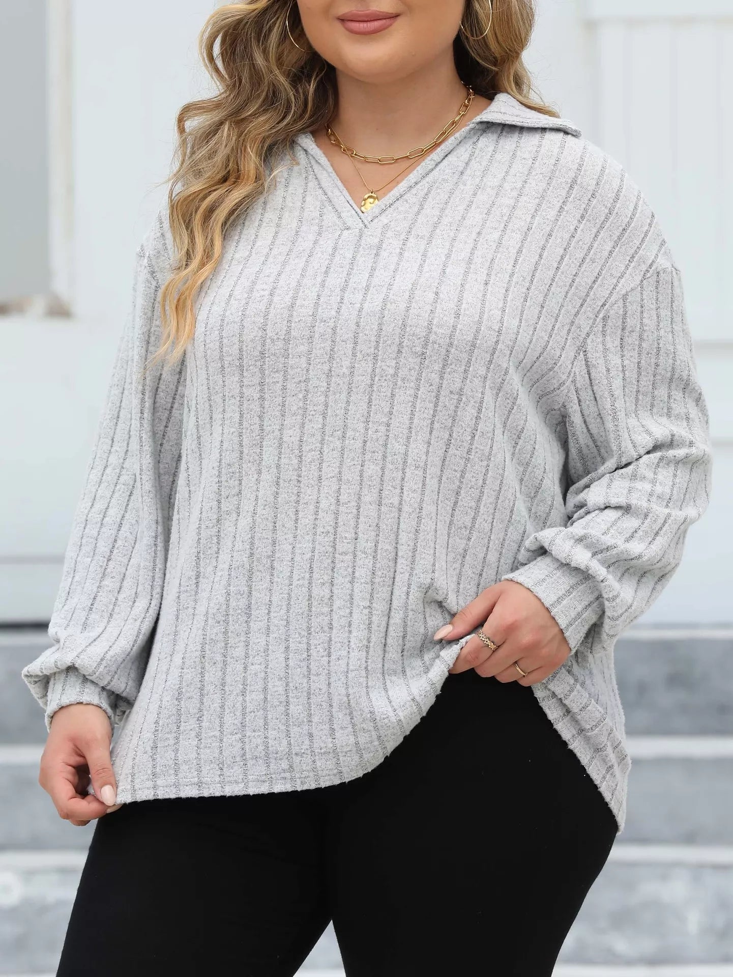 Plus Size Ribbed Knit Polo Collar T-Shirt 
