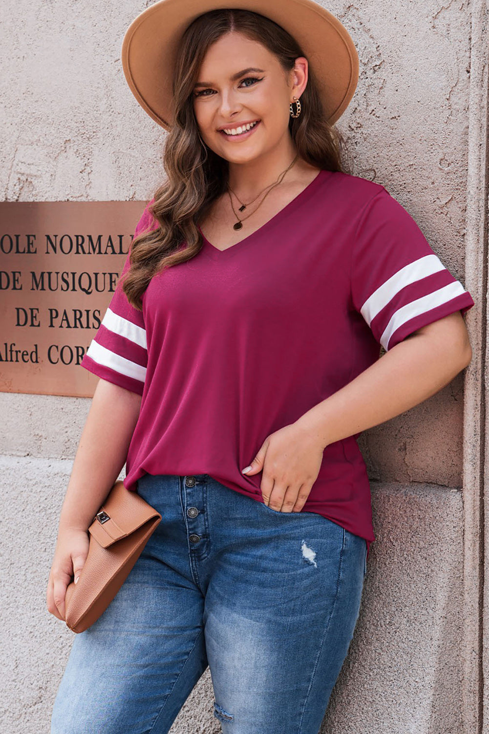 Plus Size Striped V-Neck Tee Shirt 