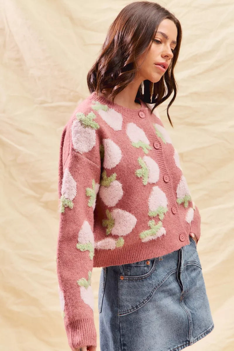 SO ME Strawberry Fruit All Over Button Sweater Cardigan 