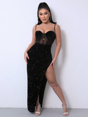 Sequin Spliced Mesh Adjustable Strap Dress 