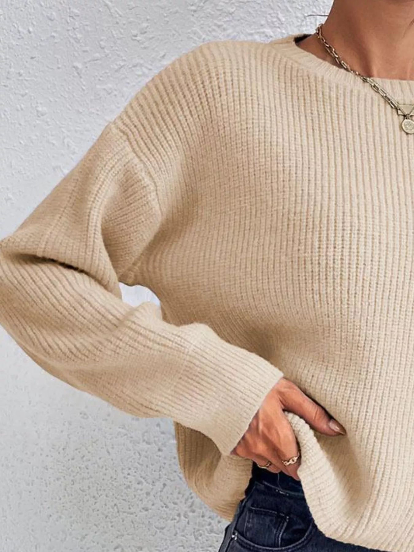 Ribbed Knit Dropped Shoulder Sweater 
