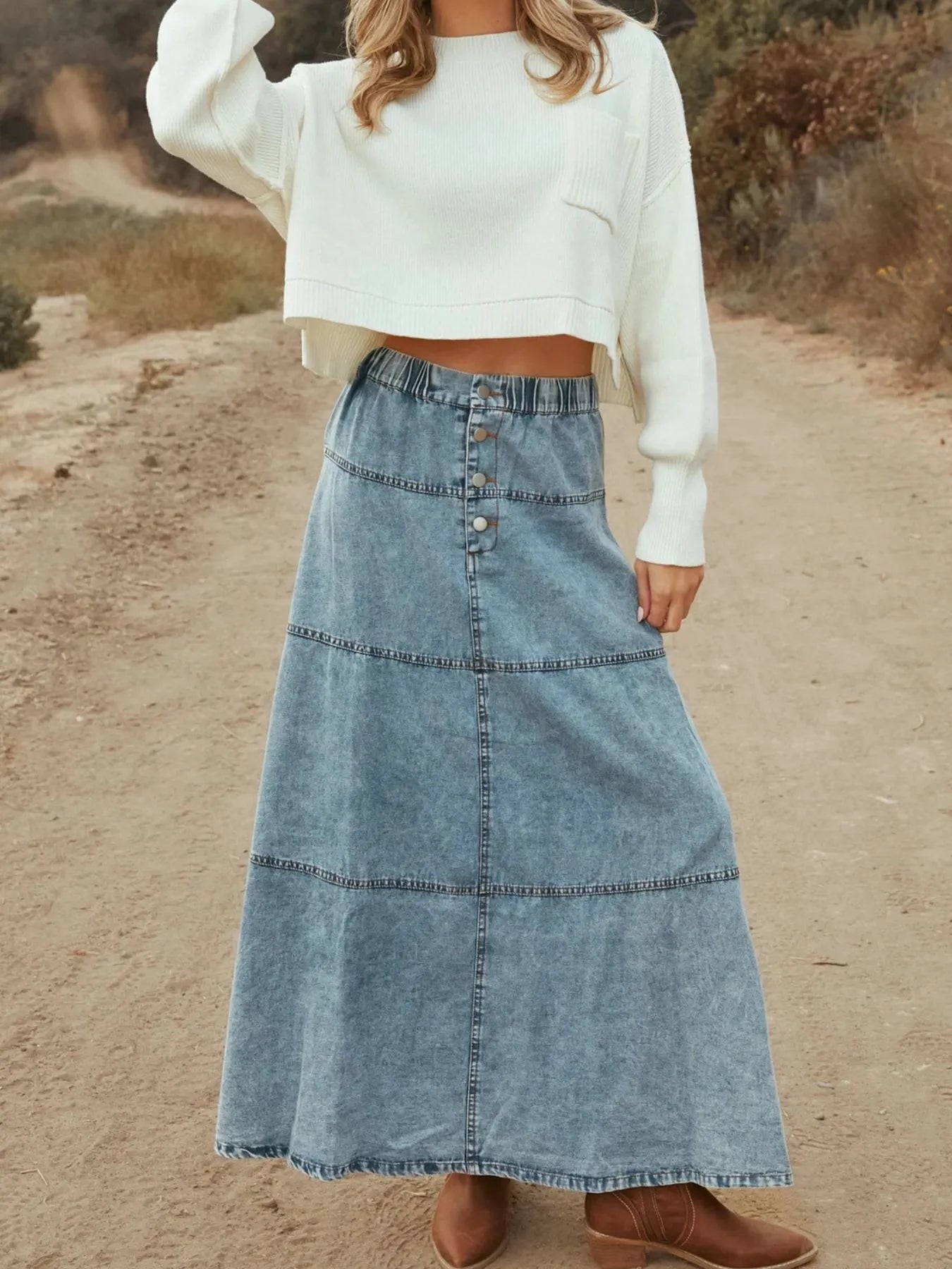 Button-Front Tiered Maxi Denim Skirt 