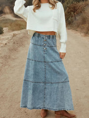 Button-Front Tiered Maxi Denim Skirt 