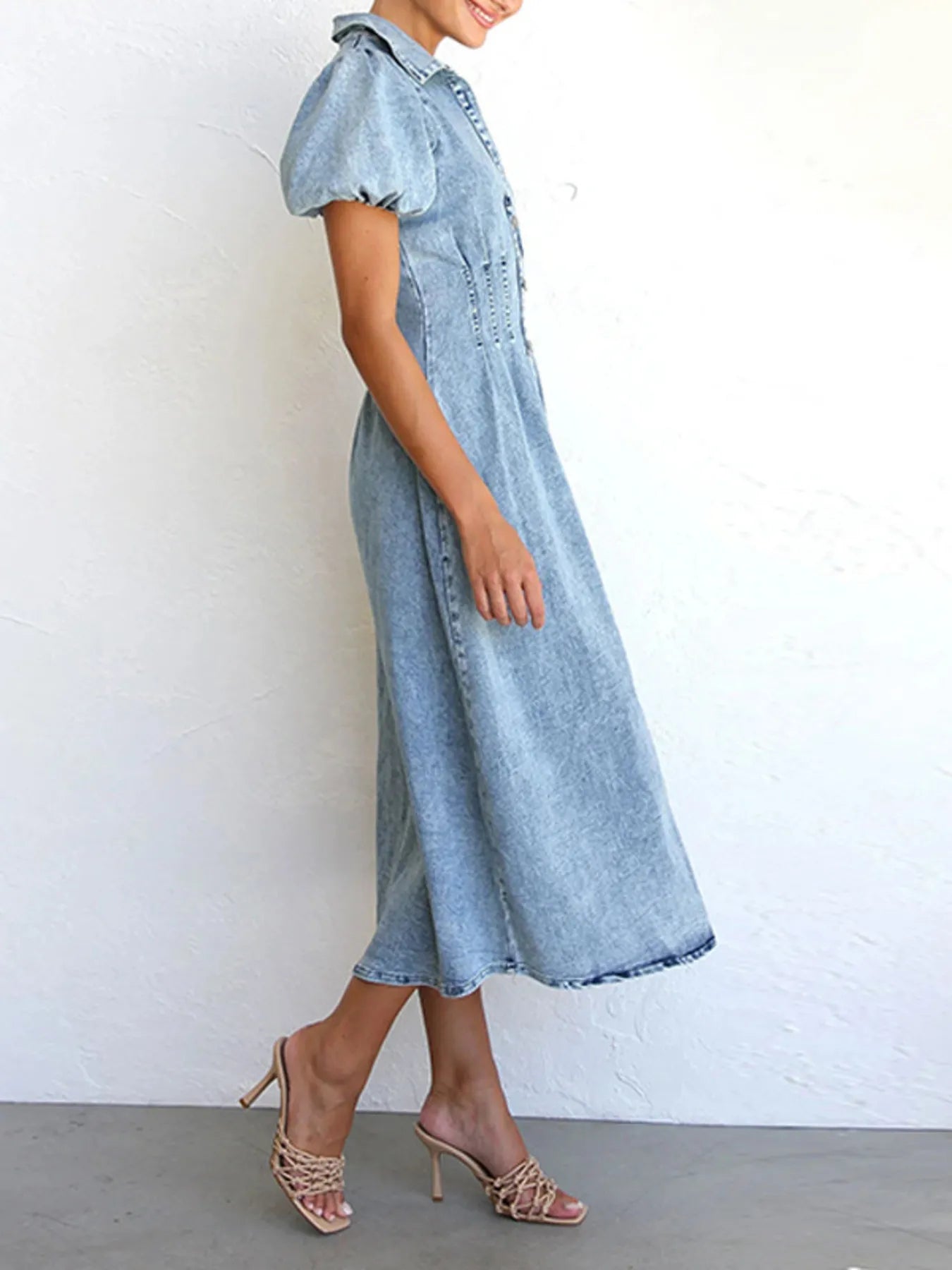 Puff Sleeve Button Front Denim Midi Dress 