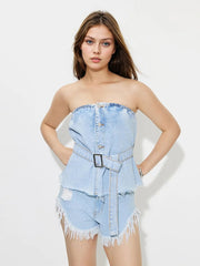 Buttoned Raw Hem Tube Denim Top 