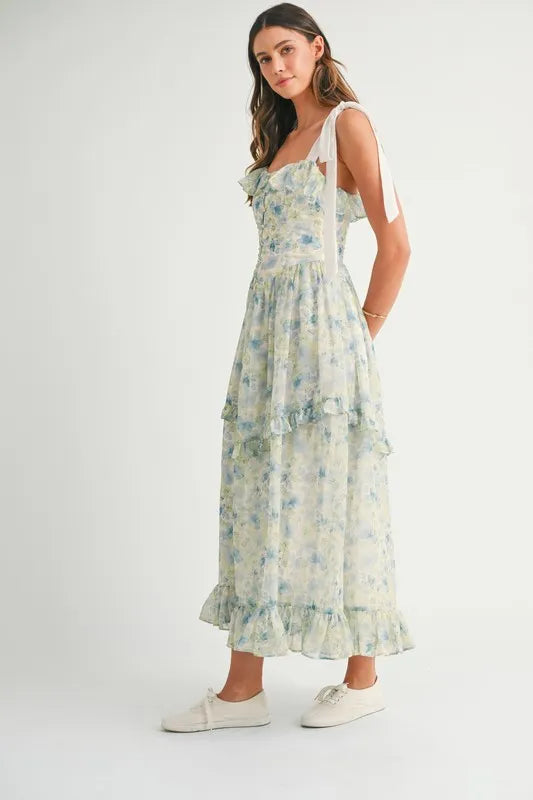 MABLE Floral Printed Shoulder Strap Midi Dress 