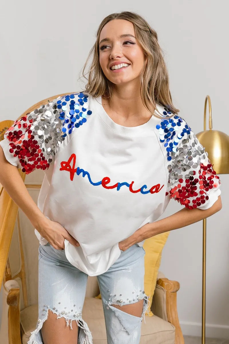 BiBi America Letter Applique Spangle Puff Sleeves Top 