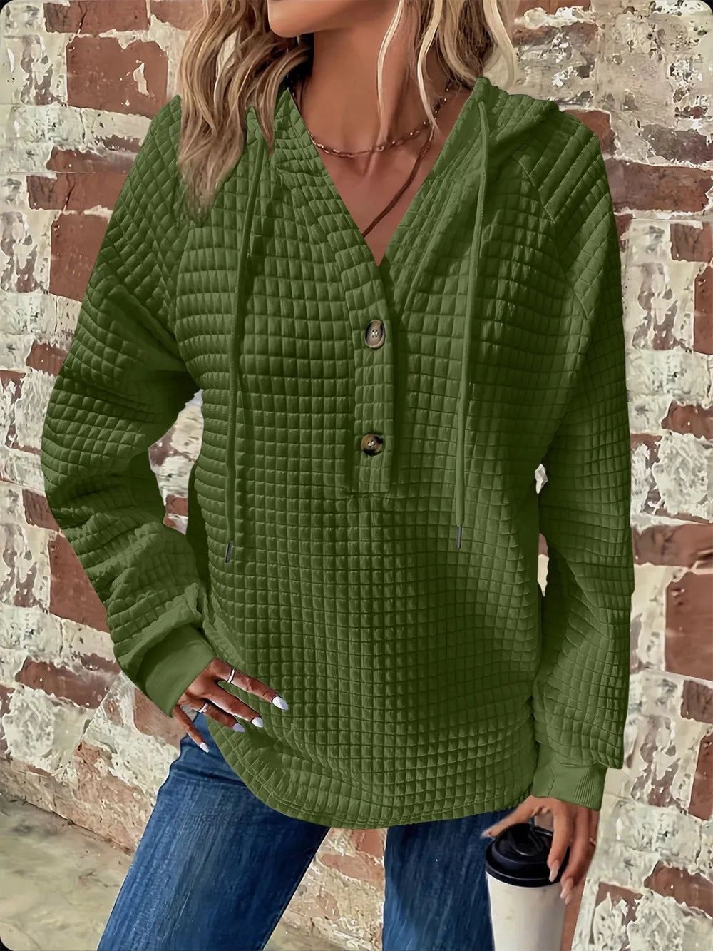 Full Size Texture Button Detail Drawstring Long Sleeve Hoodie 