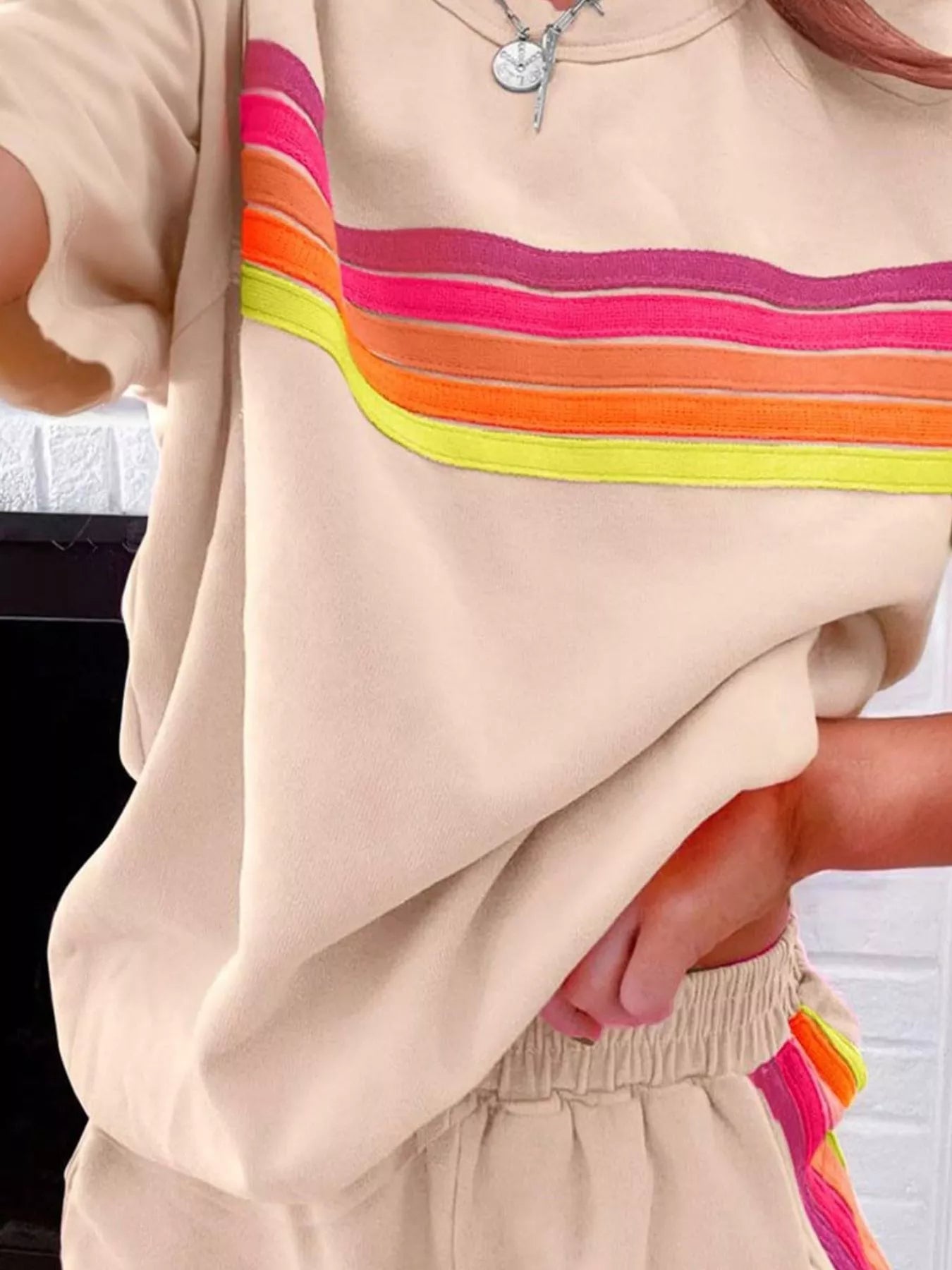 Rainbow Striped Round Neck Top and Shorts Set 