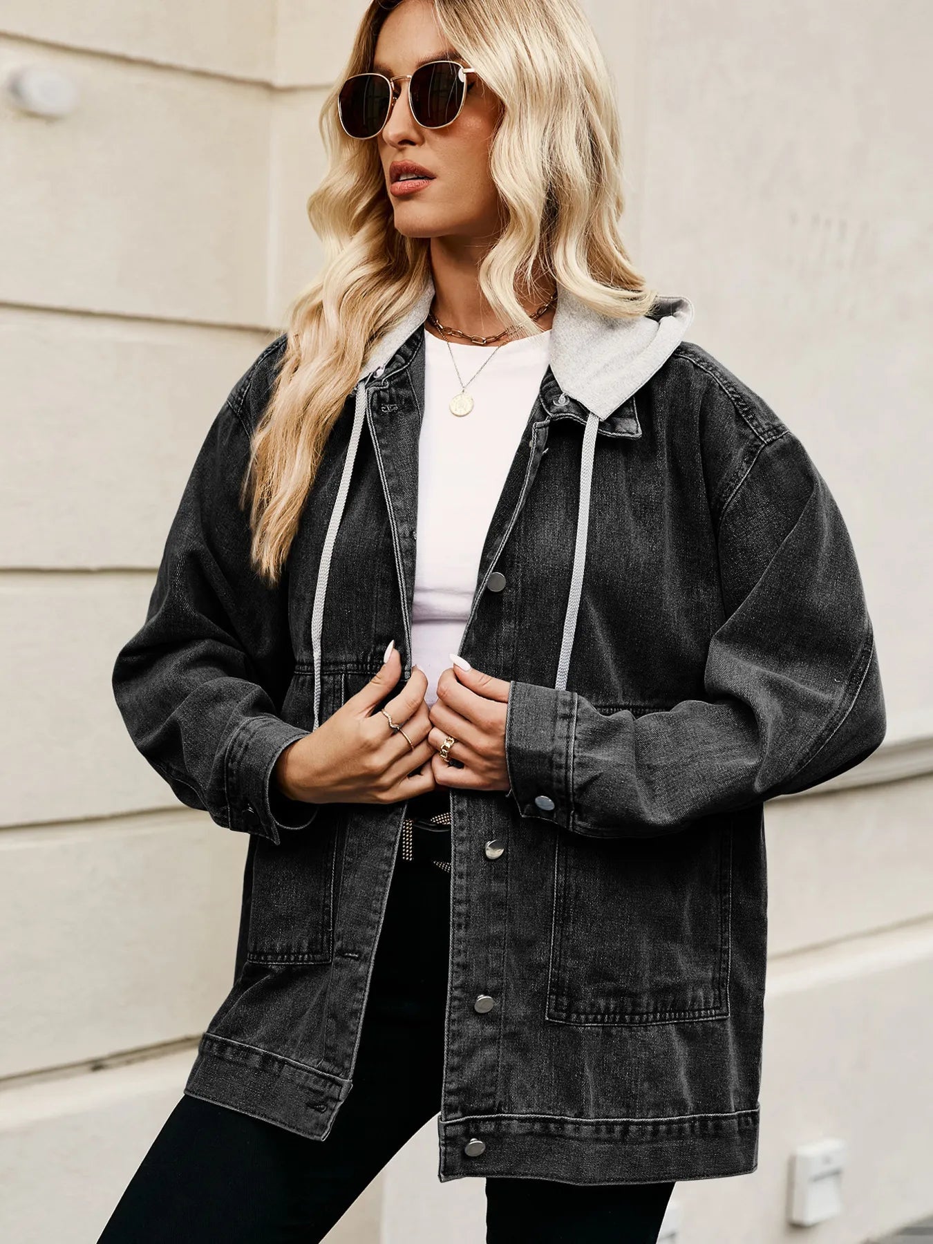 Oversized Button Up Denim Jacket with Hood 