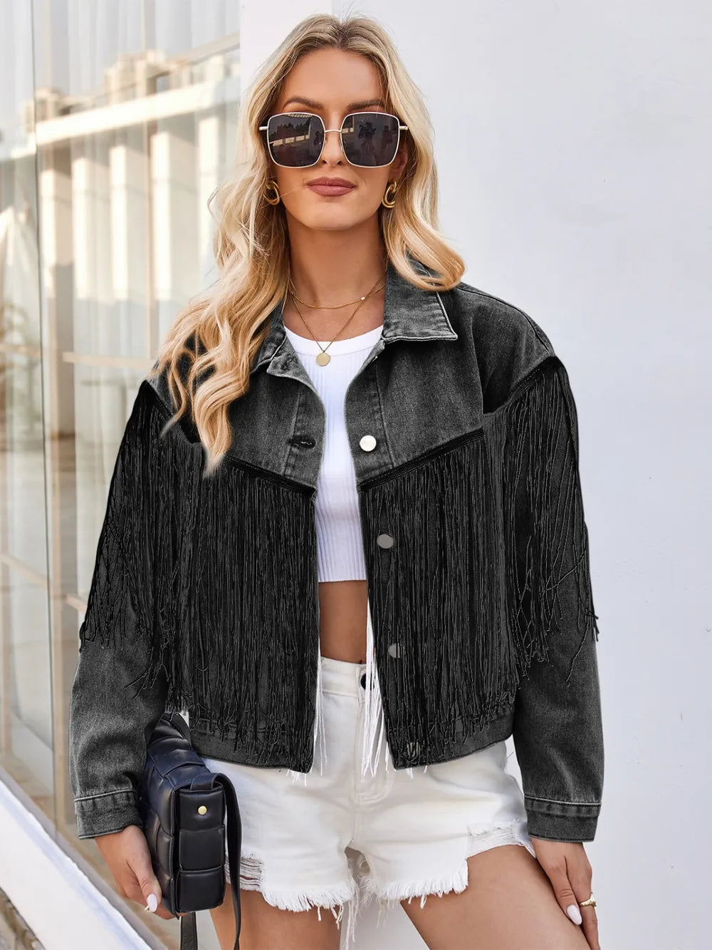 Tassel Button Up Dropped Shoulder Denim Jacket 