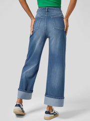 High Rise Rolled Straight Leg Jeans 