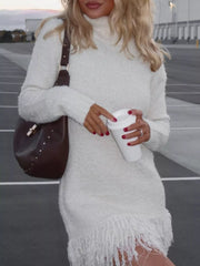 Fringe Turtleneck Long Sleeve Sweater Dress 