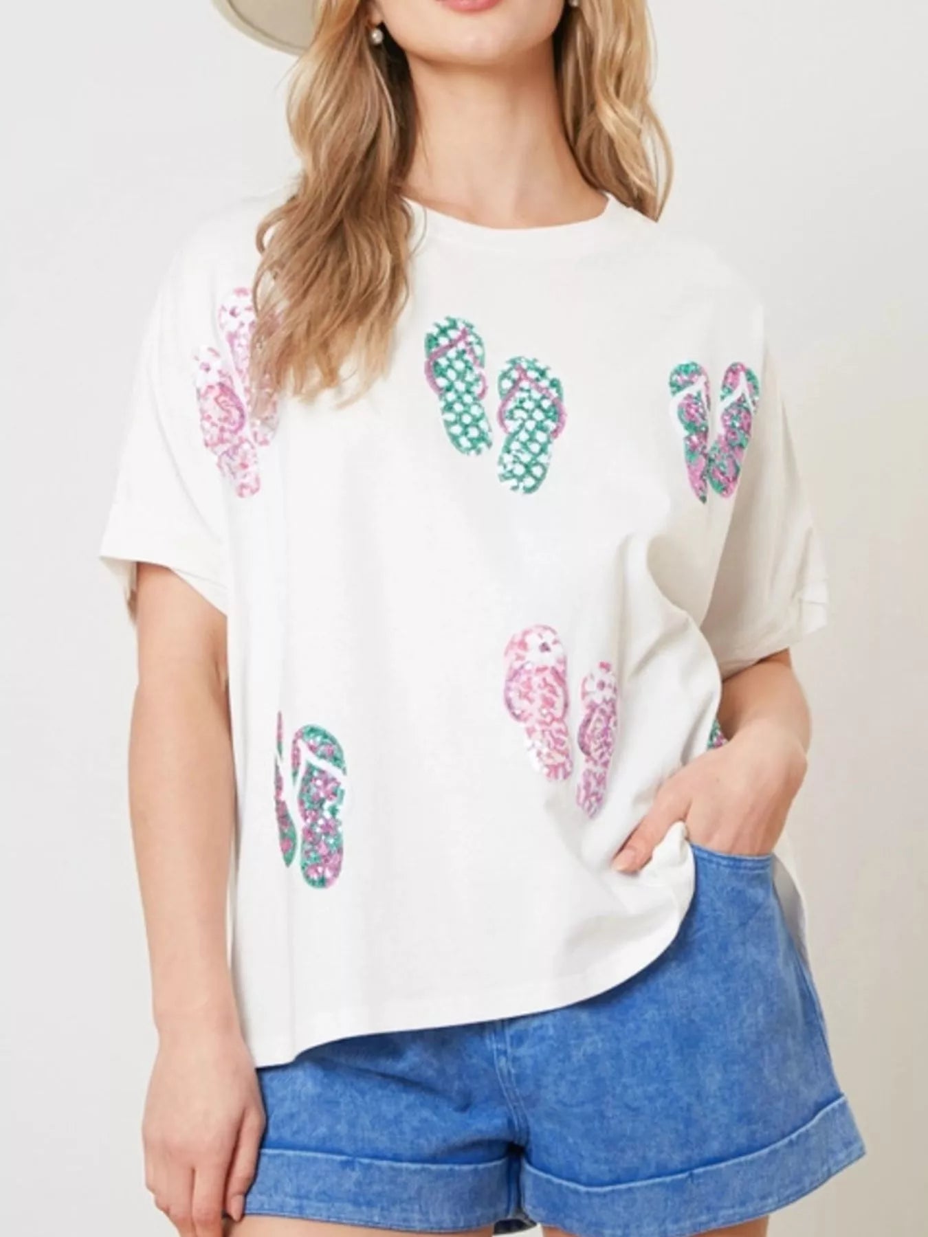 Flip-Flop Print Round Neck Casual T-Shirt 