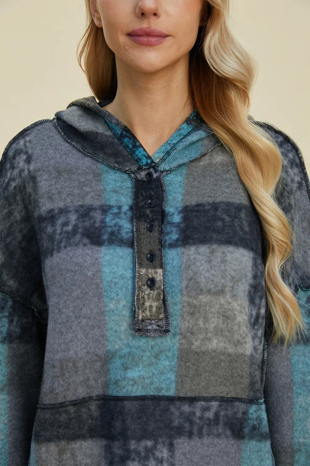 Double Take Full Size Plaid Dropped Shoulder Fleece Hoodie 