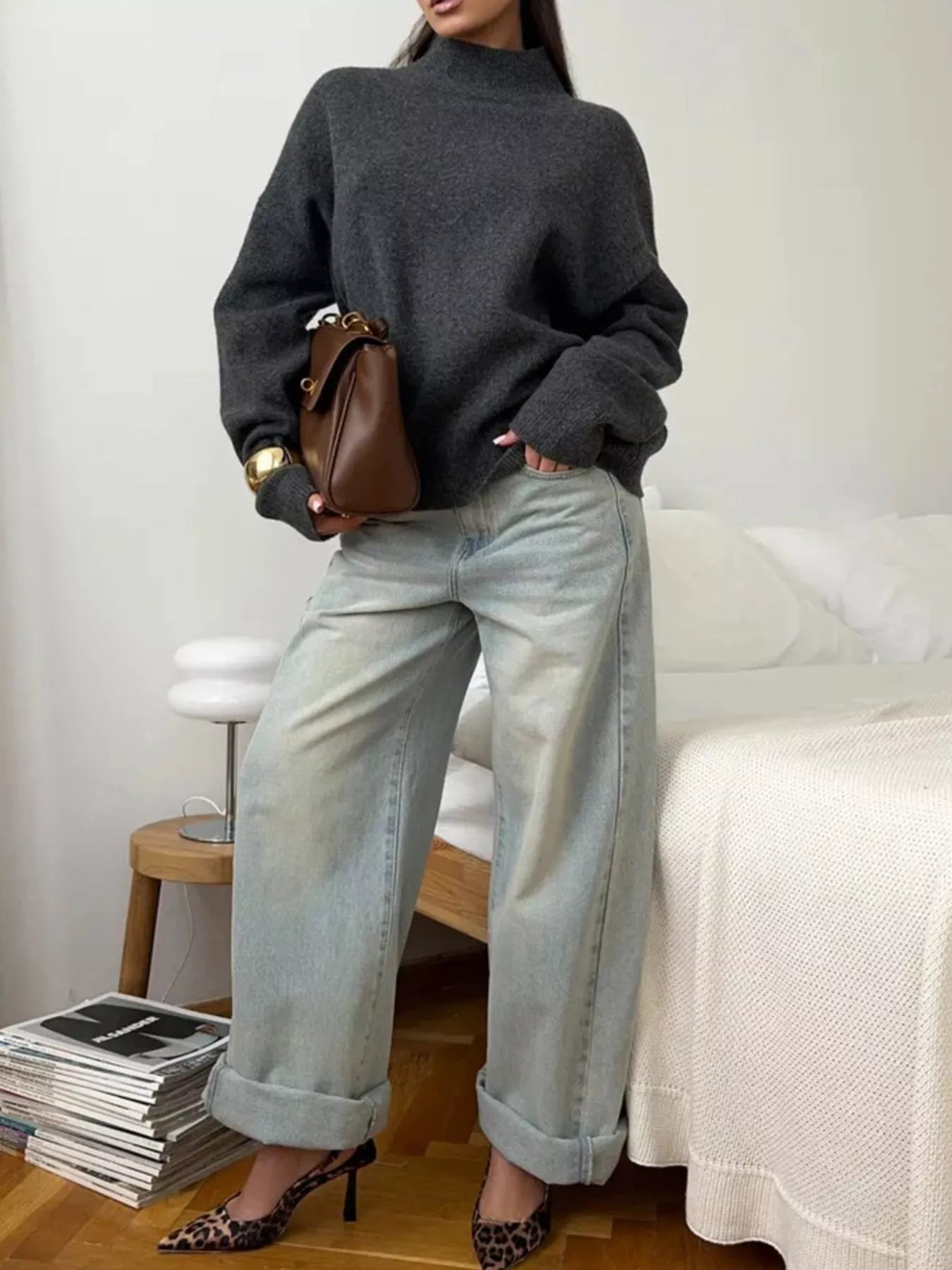 Mock Neck Dropped Shoulder Sweater 