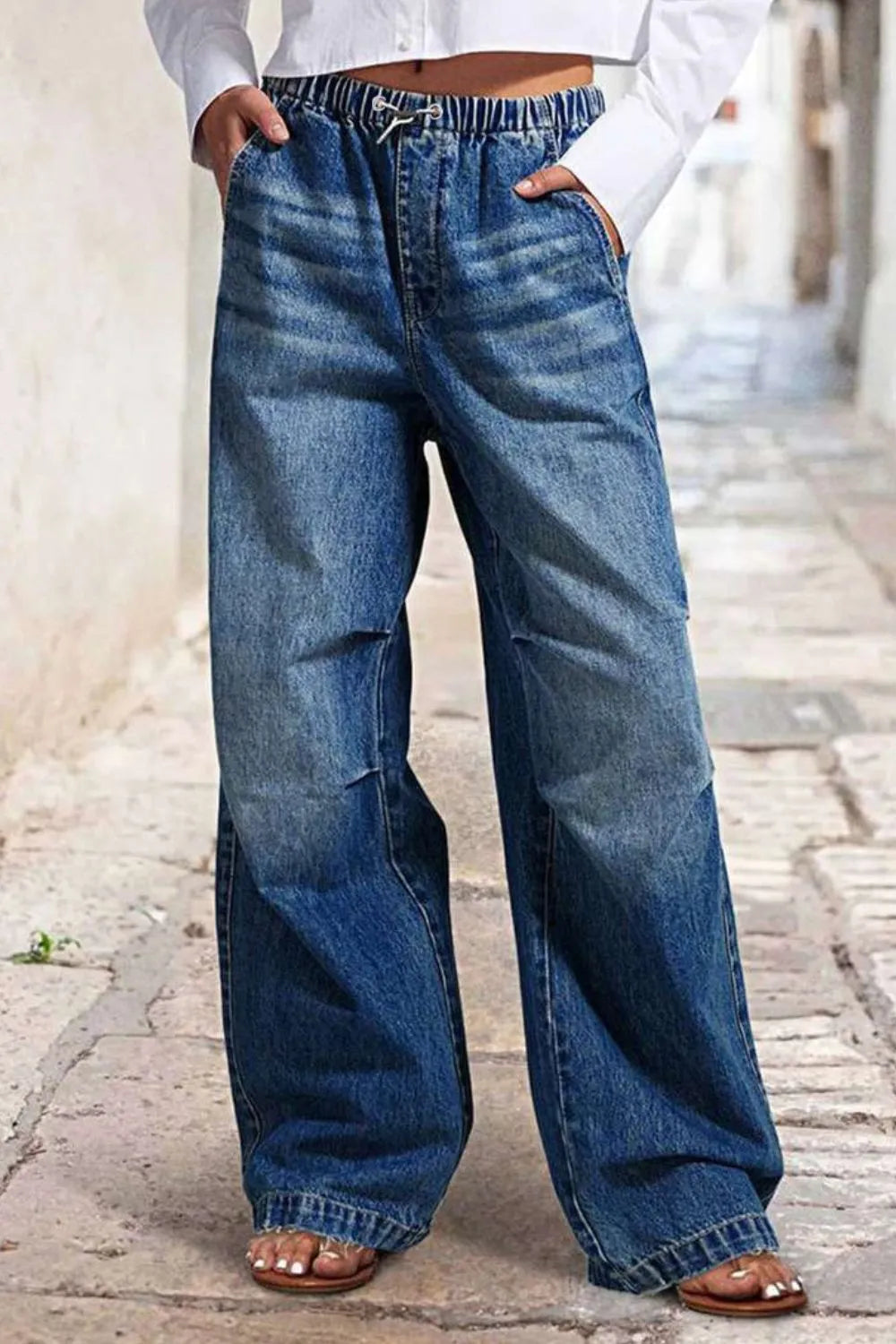 Drawstring Waist Wide Leg Shirred Jeans 