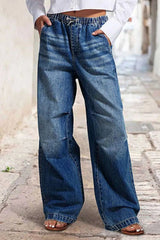 Drawstring Waist Wide Leg Shirred Jeans 
