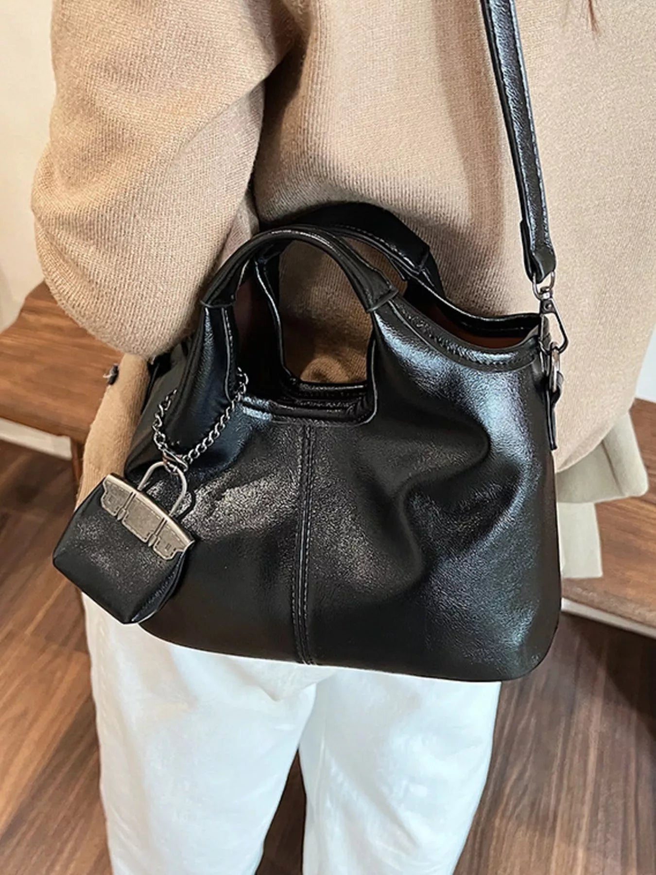 Leather Crossbody Bag with Charm 