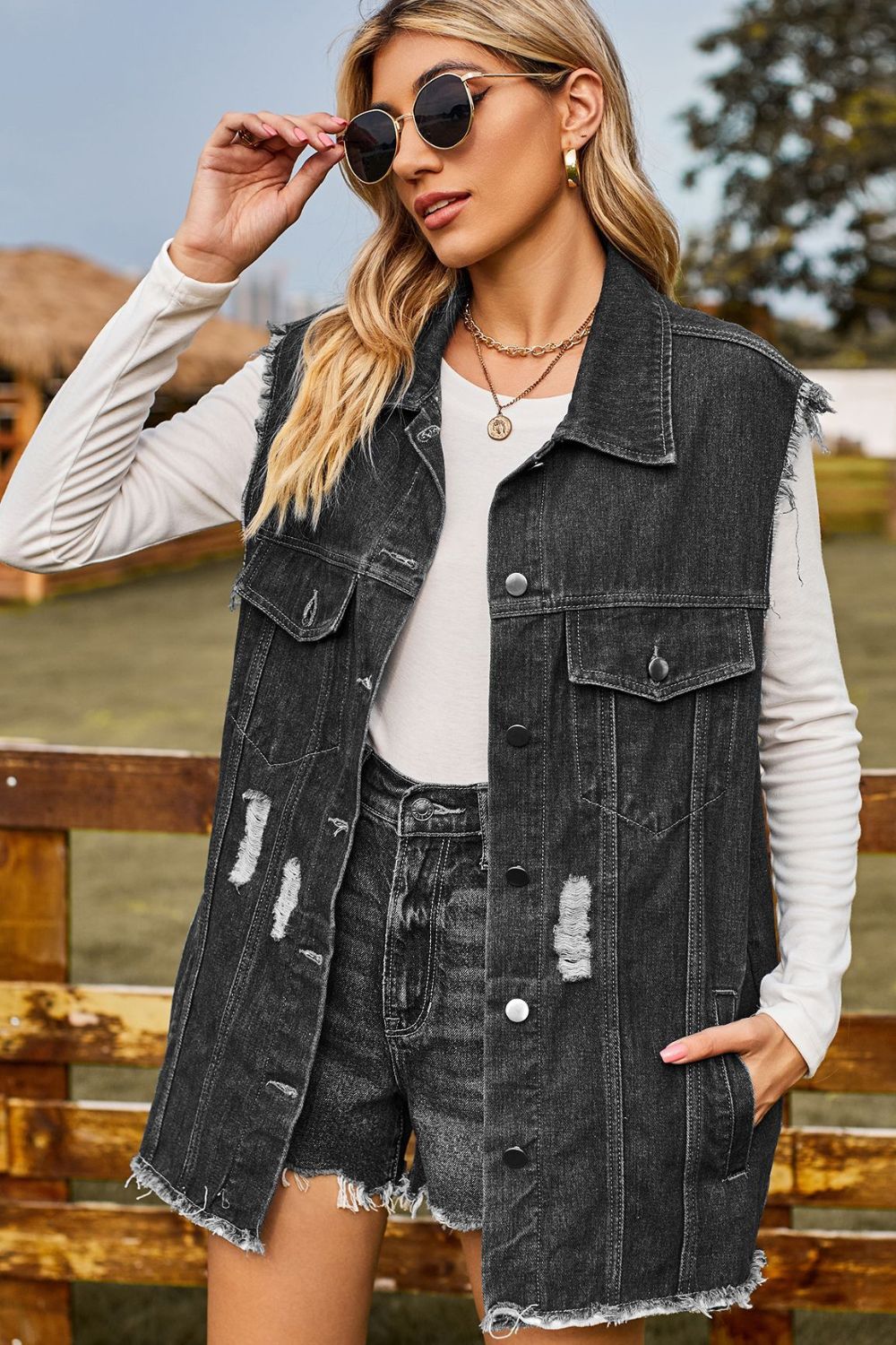 Sleeveless Button-Up Collared Denim Top with Pockets 