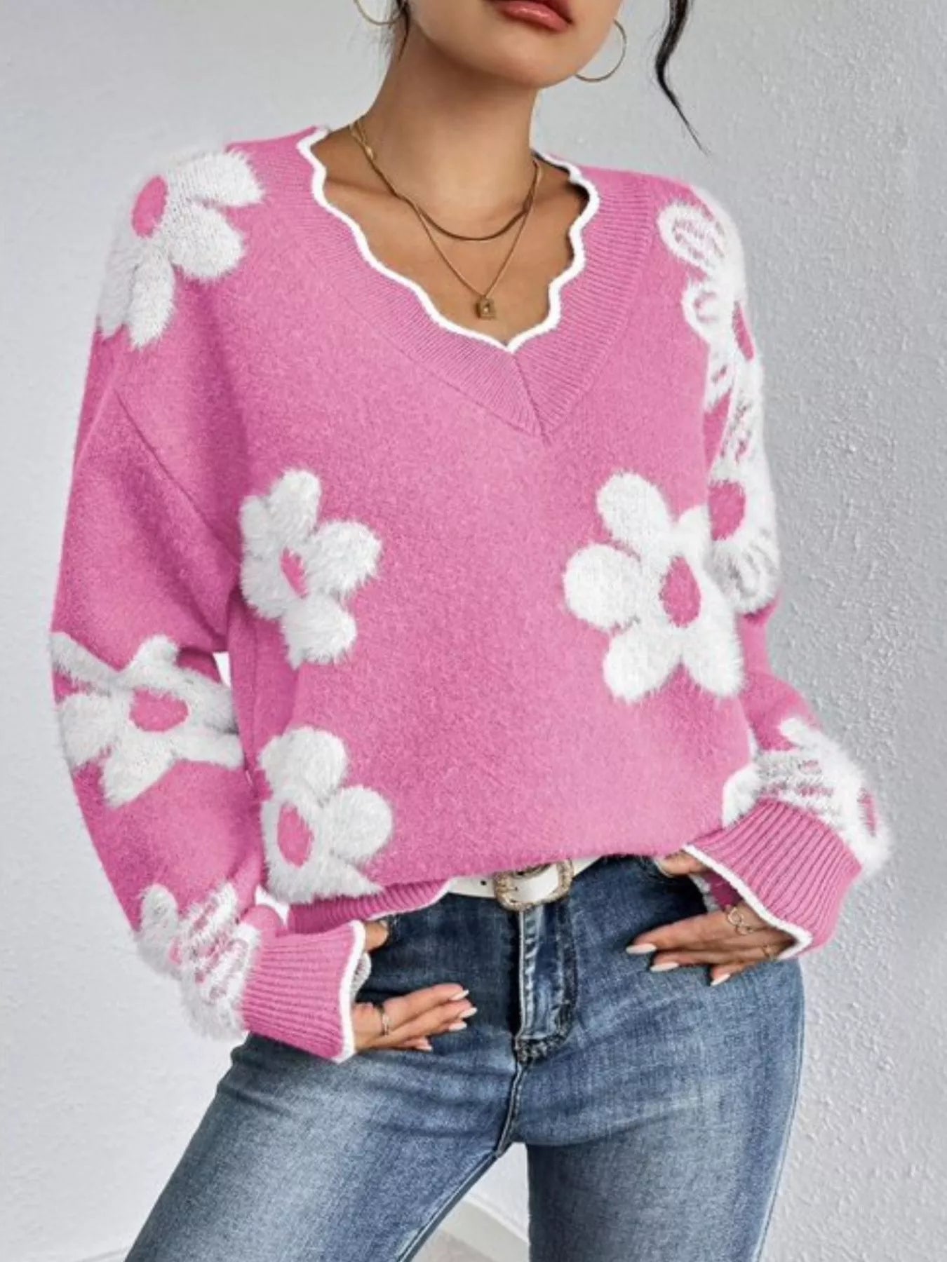 Floral V-Neck Long Sleeve Sweater 