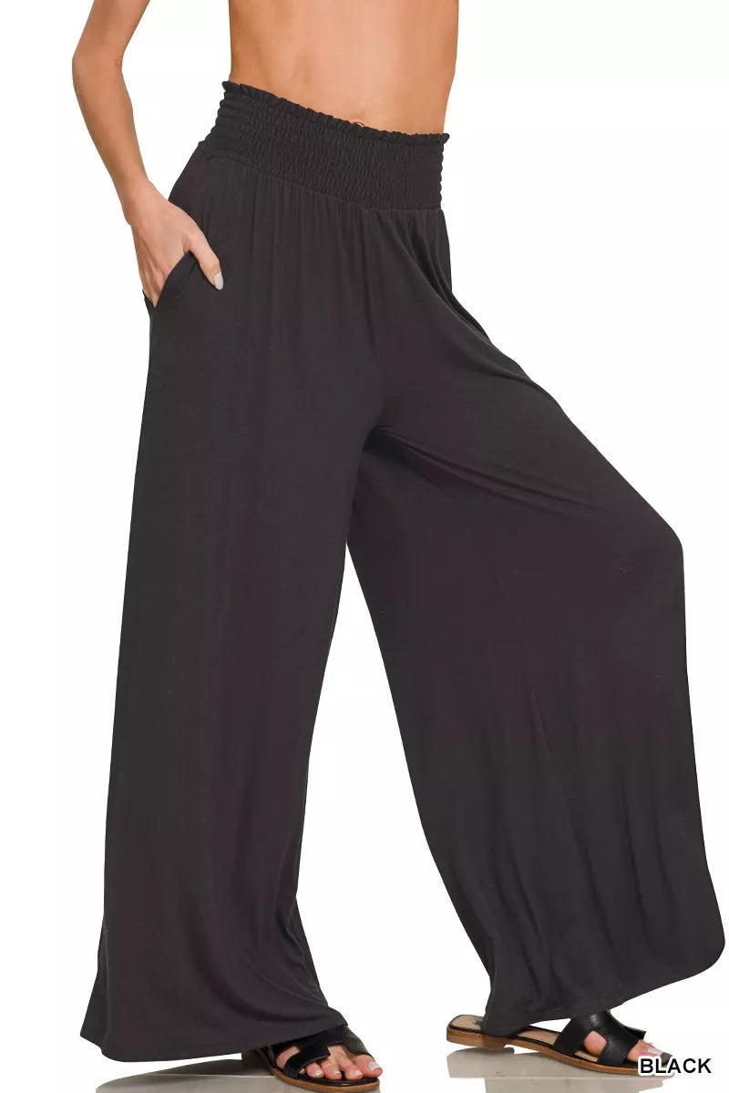 Zenana Smocked Waist Wide Leg Palazzo Pants 