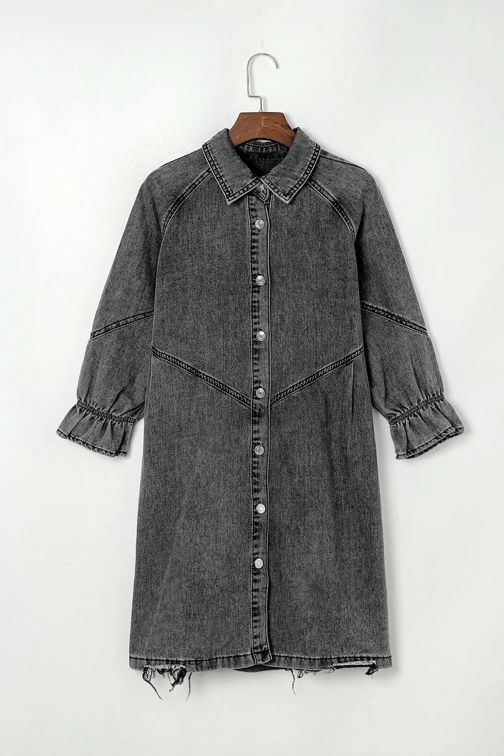 Distressed Collared Neck Flounce Sleeve Denim Dress 