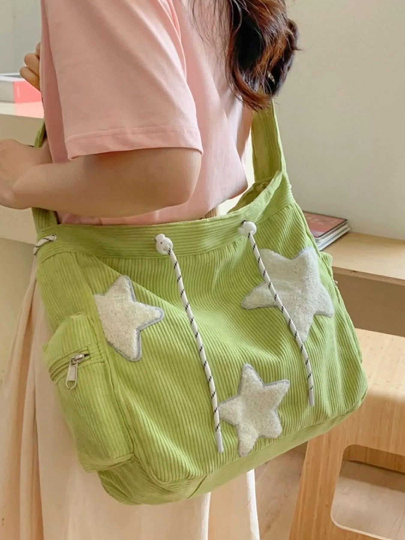Corduroy Star Applique Casual Crossbody Bag 