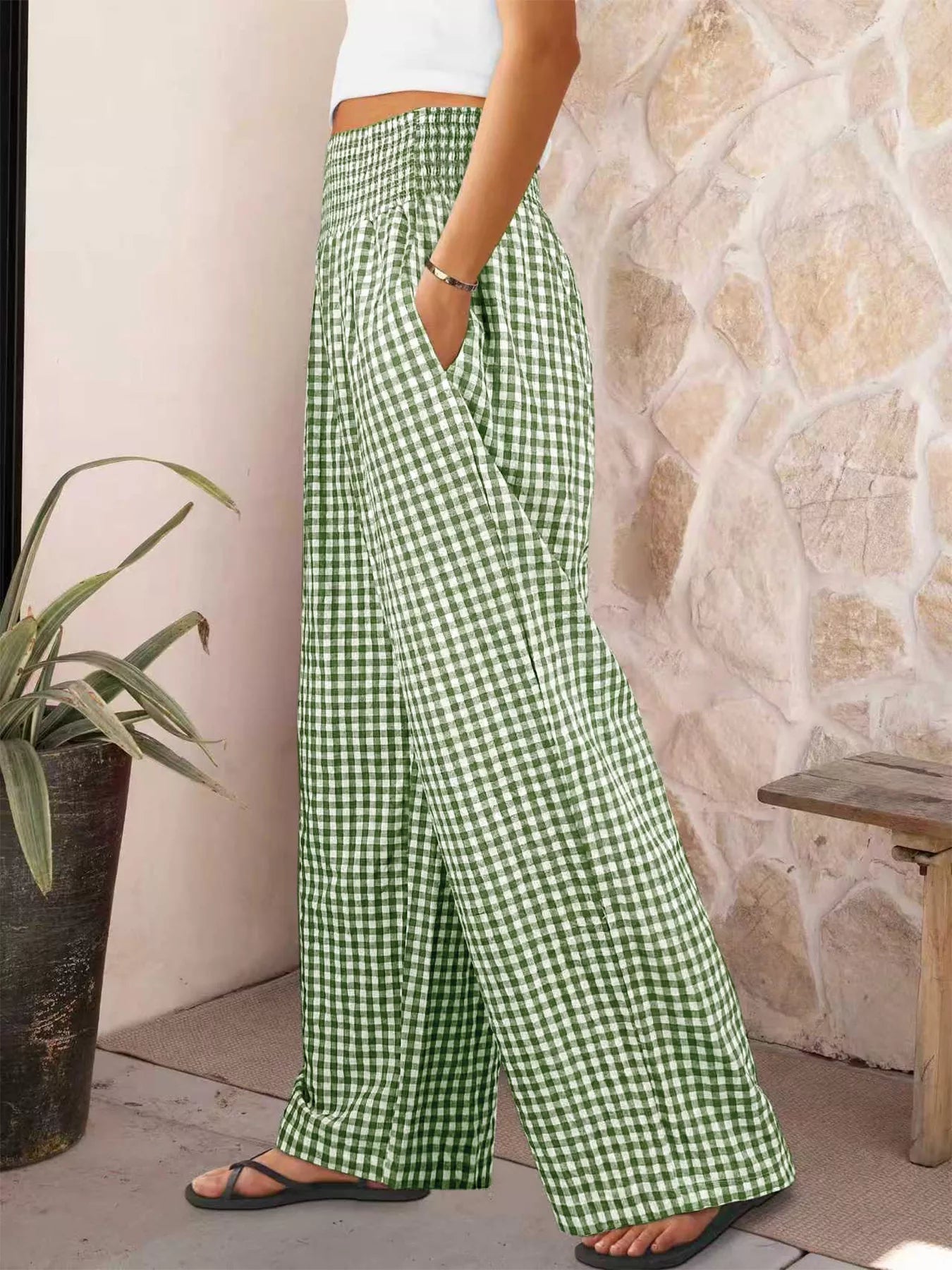 Gingham High-Waisted Wide Leg Pants 