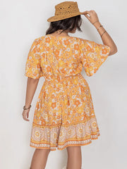 Plus Size Printed Square Neck Short Sleeve Dress 